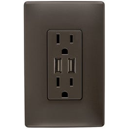 USB Charger With Duplex Receptacle, 2-Port, Dark Bronze 15-Amp