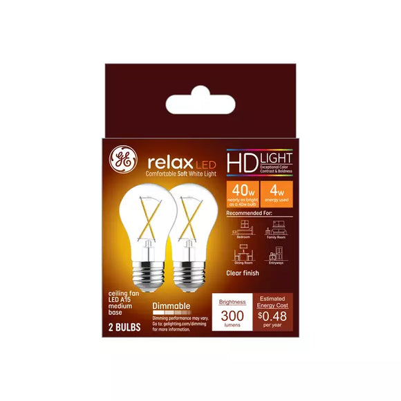 GE Relax HD A15 LED Light Bulbs, Ceiling Fan Lights, 40 Watt Replacement, Soft White (2 Pack)