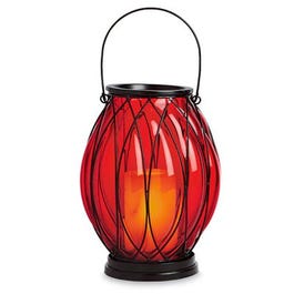 Patio Lantern, Battery-Operated, Red Glass, 7.75 x 7.75 x 9.25-In.