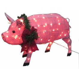 Christmas Decoration, Lighted Burlap Pig, 32 x 18.5-In.