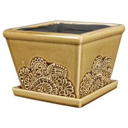 Ceramic Planter With Saucer, Provence Square/Cork Brown, 8-In.