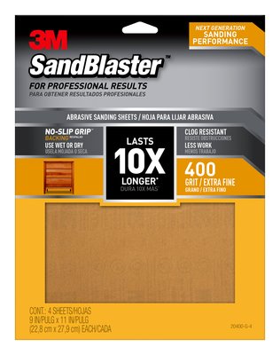 3M™ SandBlaster™ Sandpaper with NO-SLIP GRIP™ Backing  9 in x 11 in, 400-grit, 4 sheets/pk